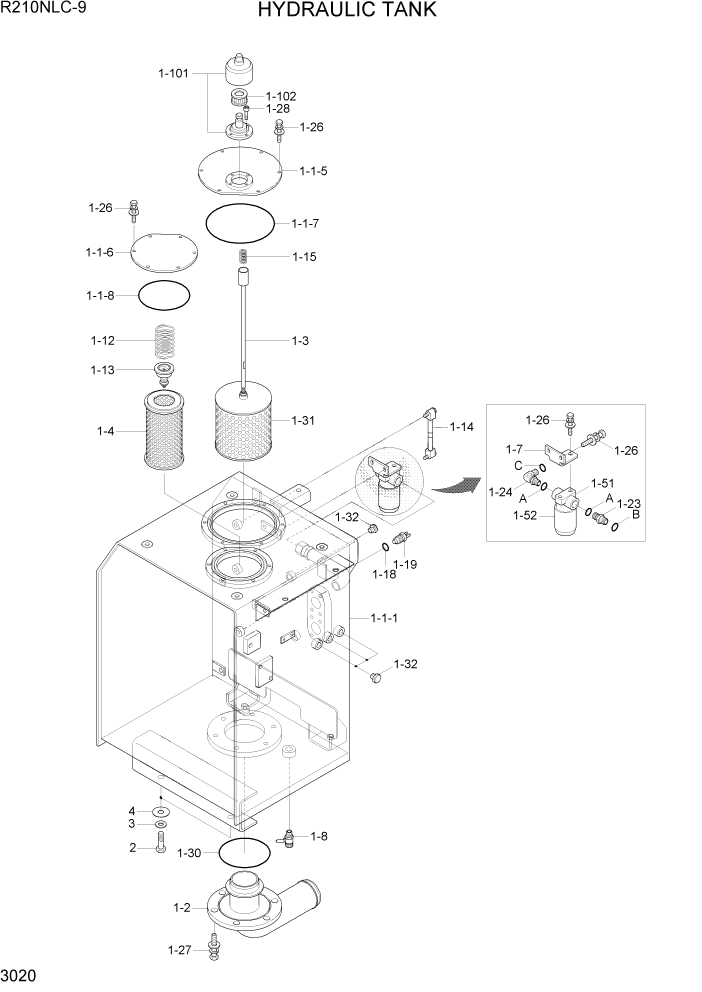 Схема запчастей Hyundai R210NLC9 - PAGE 3020 HYDRAULIC TANK ГИДРАВЛИЧЕСКАЯ СИСТЕМА