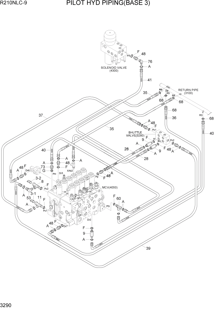 Схема запчастей Hyundai R210NLC9 - PAGE 3290 PILOT HYD PIPING(BASE 3) ГИДРАВЛИЧЕСКАЯ СИСТЕМА