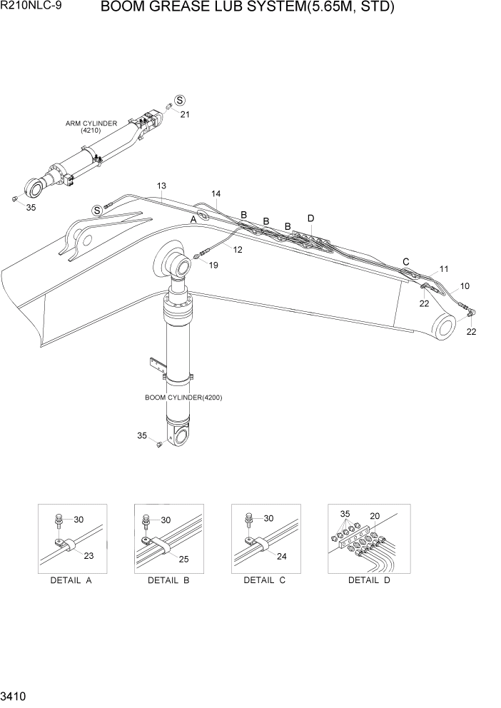 Схема запчастей Hyundai R210NLC9 - PAGE 3410 BOOM GREASE LUB SYSTEM(5.65M, STD) ГИДРАВЛИЧЕСКАЯ СИСТЕМА