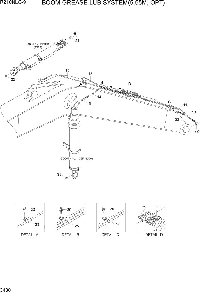 Схема запчастей Hyundai R210NLC9 - PAGE 3430 BOOM GREASE LUB SYSTEM(5.55M, OPT) ГИДРАВЛИЧЕСКАЯ СИСТЕМА