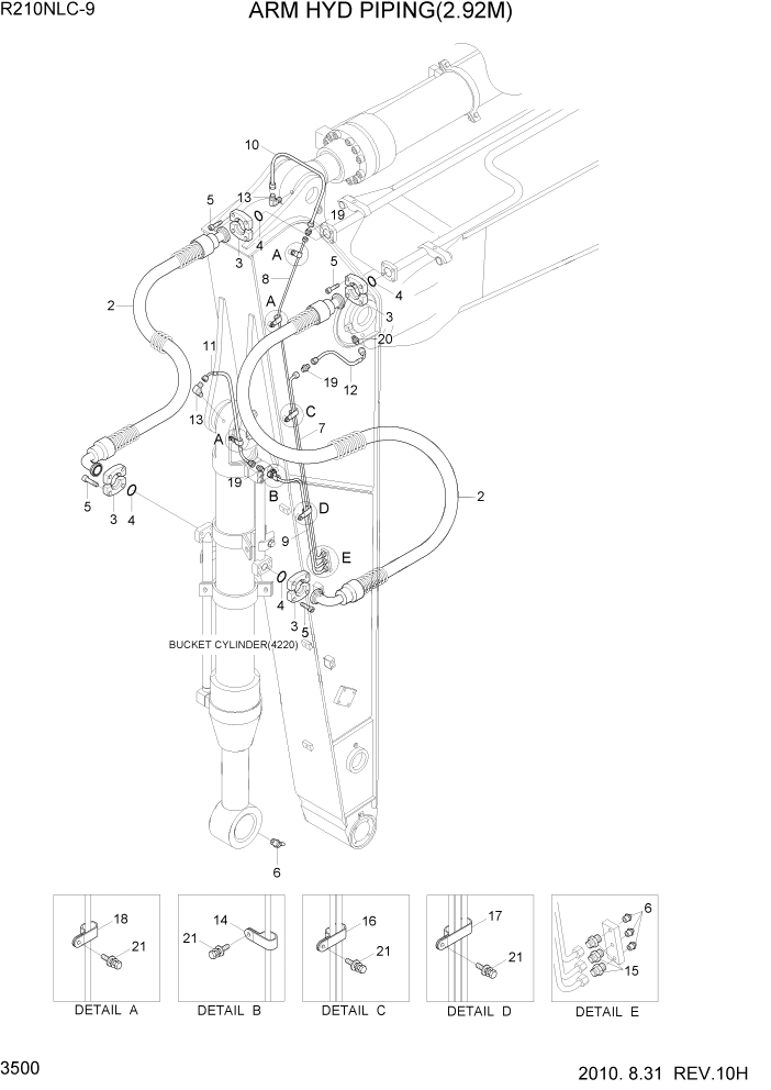 Схема запчастей Hyundai R210NLC9 - PAGE 3500 ARM HYD PIPING(2.92M) ГИДРАВЛИЧЕСКАЯ СИСТЕМА