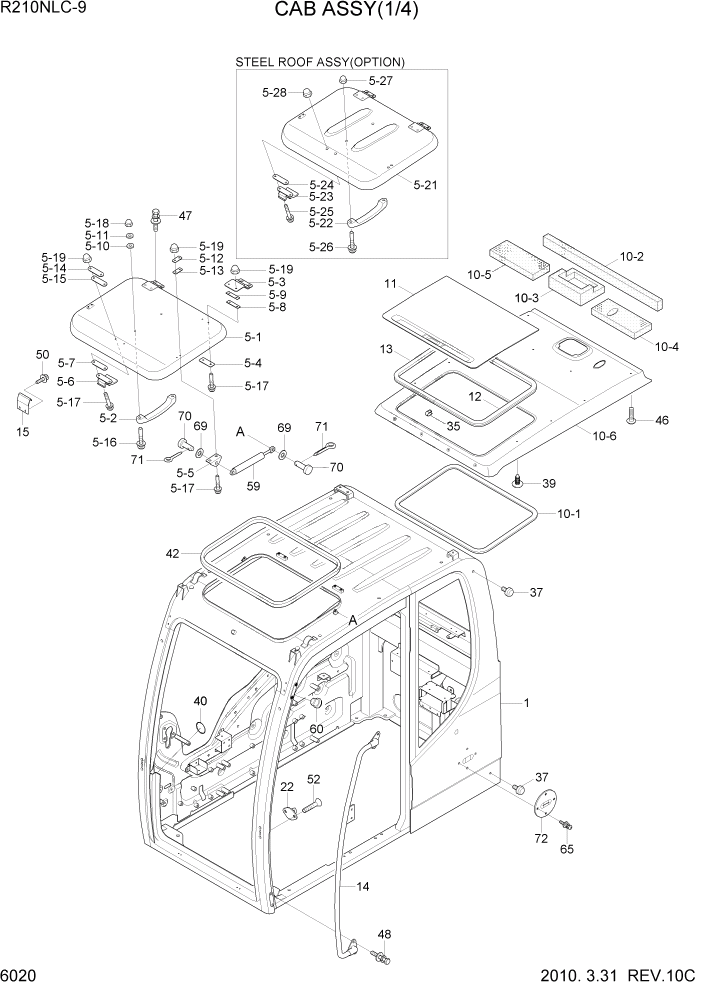 Схема запчастей Hyundai R210NLC9 - PAGE 6020 CAB ASSY(1/4) СТРУКТУРА