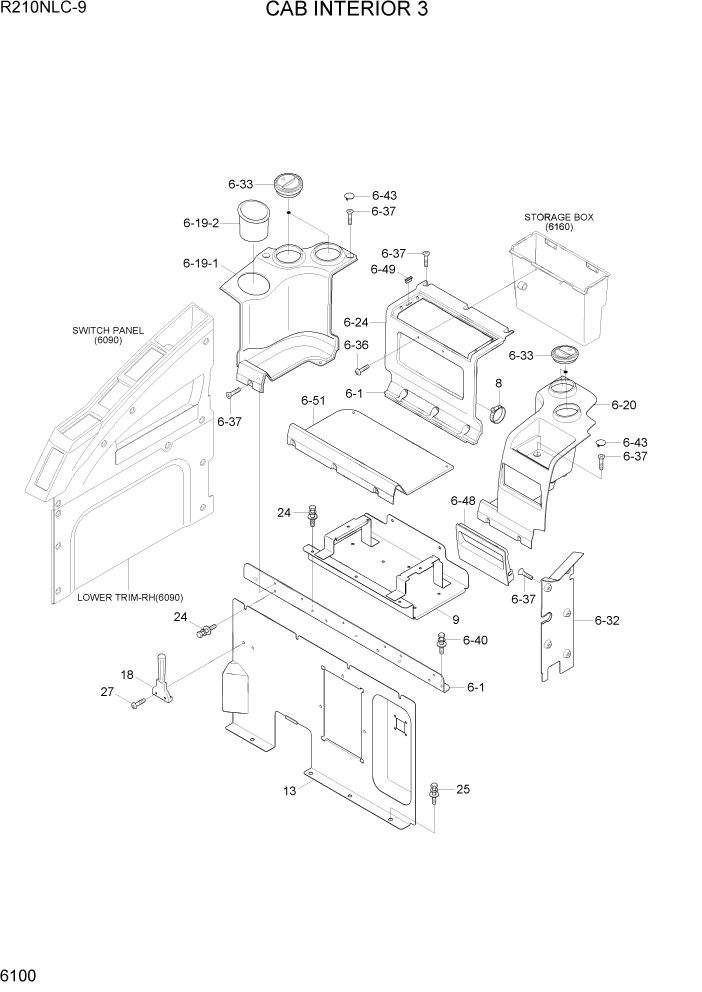 Схема запчастей Hyundai R210NLC9 - PAGE 6100 CAB INTERIOR 3 СТРУКТУРА