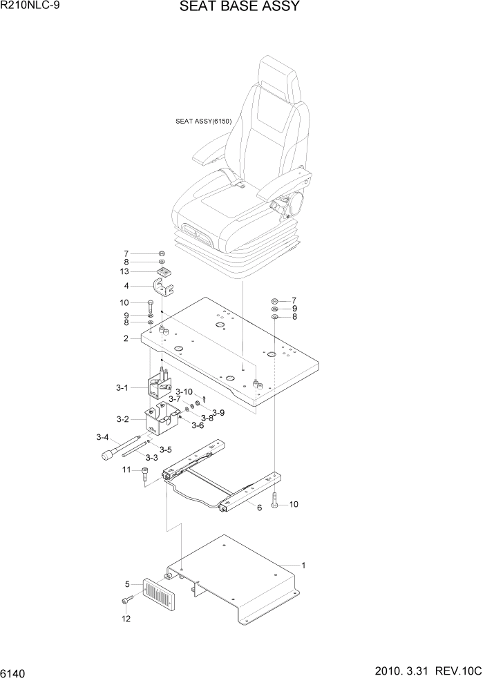 Схема запчастей Hyundai R210NLC9 - PAGE 6140 SEAT BASE ASSY СТРУКТУРА