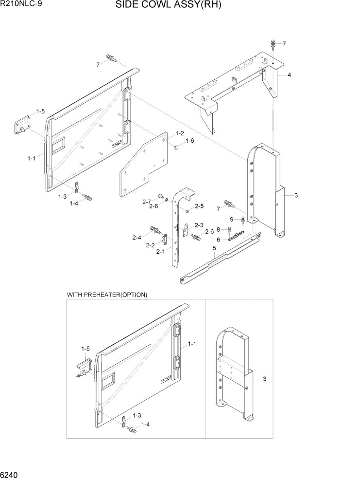 Схема запчастей Hyundai R210NLC9 - PAGE 6240 SIDE COWL ASSY(RH) СТРУКТУРА