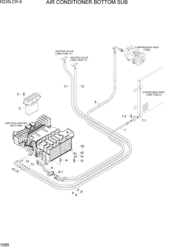 Схема запчастей Hyundai R235LCR9 - PAGE 1085 AIR CONDITIONER BOTTOM SUB СИСТЕМА ДВИГАТЕЛЯ