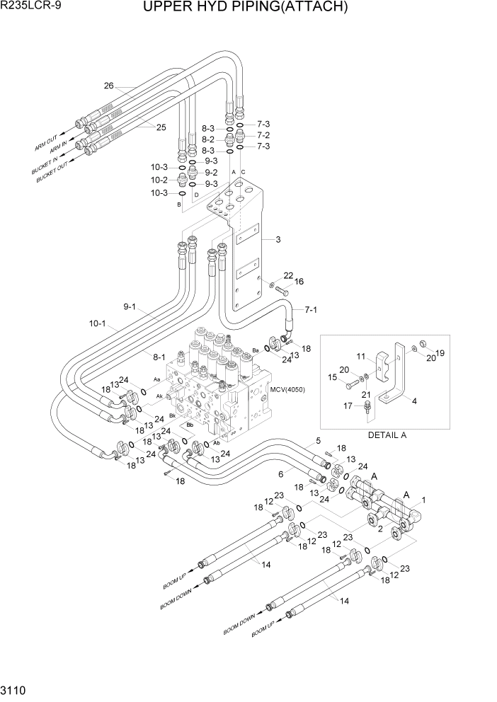 Схема запчастей Hyundai R235LCR9 - PAGE 3110 UPPER HYD PIPING(ATTACH) ГИДРАВЛИЧЕСКАЯ СИСТЕМА