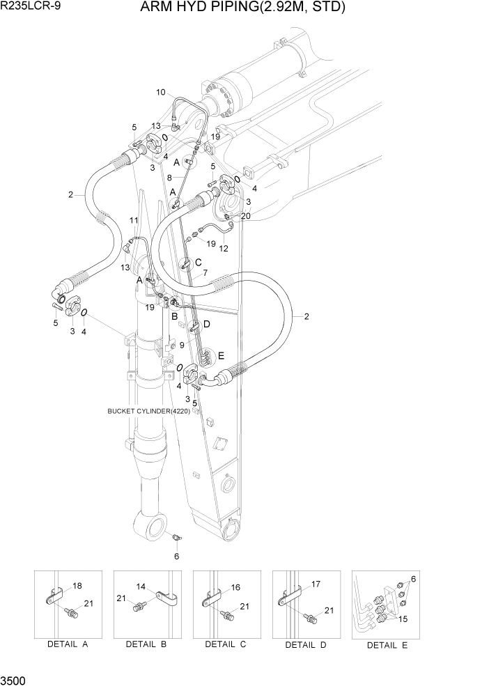 Схема запчастей Hyundai R235LCR9 - PAGE 3500 ARM HYD PIPING(2.92M, STD) ГИДРАВЛИЧЕСКАЯ СИСТЕМА