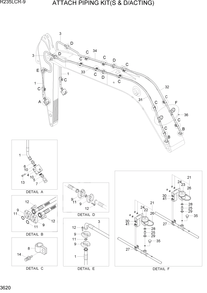 Схема запчастей Hyundai R235LCR9 - PAGE 3620 ATTACH PIPING KIT(S & D/ACTING) ГИДРАВЛИЧЕСКАЯ СИСТЕМА