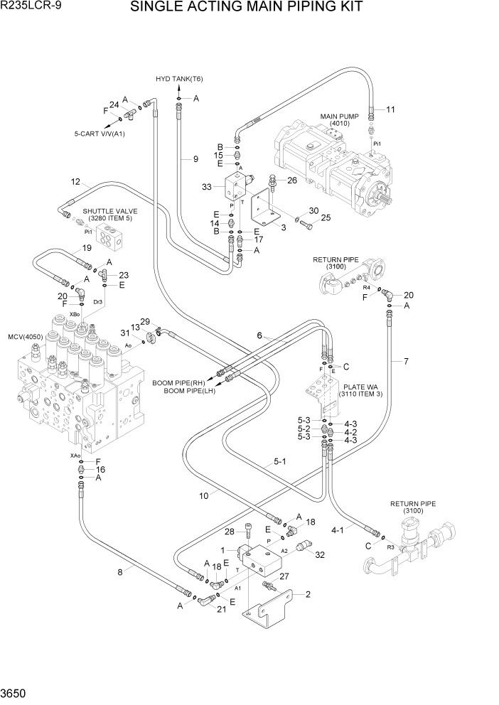 Схема запчастей Hyundai R235LCR9 - PAGE 3650 SINGLE ACTING MAIN PIPING KIT ГИДРАВЛИЧЕСКАЯ СИСТЕМА