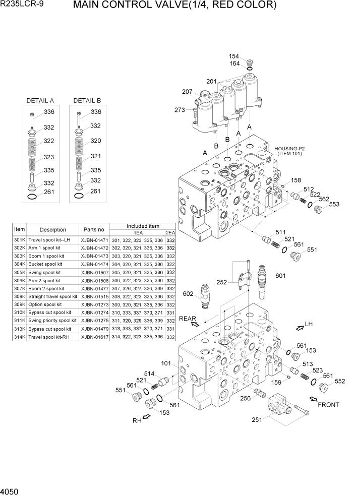 Схема запчастей Hyundai R235LCR9 - PAGE 4050 MAIN CONTROL VALVE(1/4, RED COLOR) ГИДРАВЛИЧЕСКИЕ КОМПОНЕНТЫ