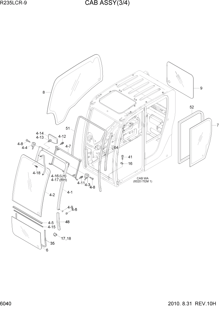 Схема запчастей Hyundai R235LCR9 - PAGE 6040 CAB ASSY(3/4) СТРУКТУРА