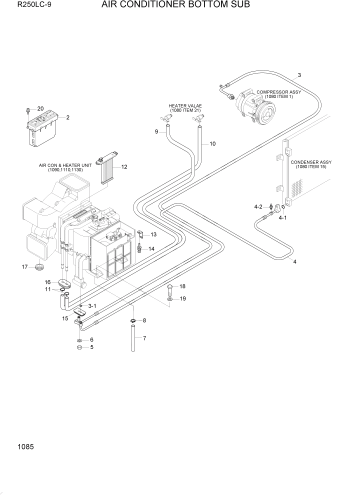 Схема запчастей Hyundai R250LC9 - PAGE 1085 AIR CONDITIONER BOTTOM SUB СИСТЕМА ДВИГАТЕЛЯ