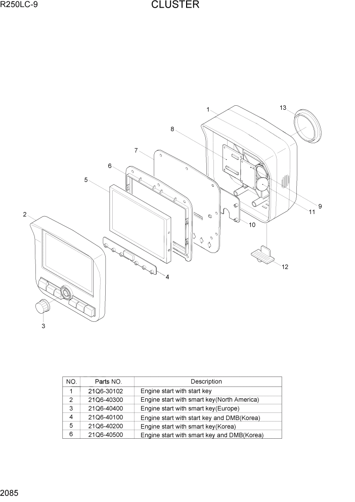 Схема запчастей Hyundai R250LC9 - PAGE 2085 CLUSTER ЭЛЕКТРИЧЕСКАЯ СИСТЕМА