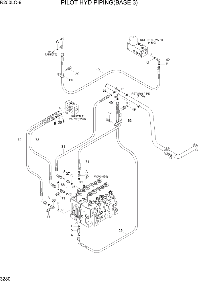 Схема запчастей Hyundai R250LC9 - PAGE 3280 PILOT HYD PIPING(BASE 3) ГИДРАВЛИЧЕСКАЯ СИСТЕМА