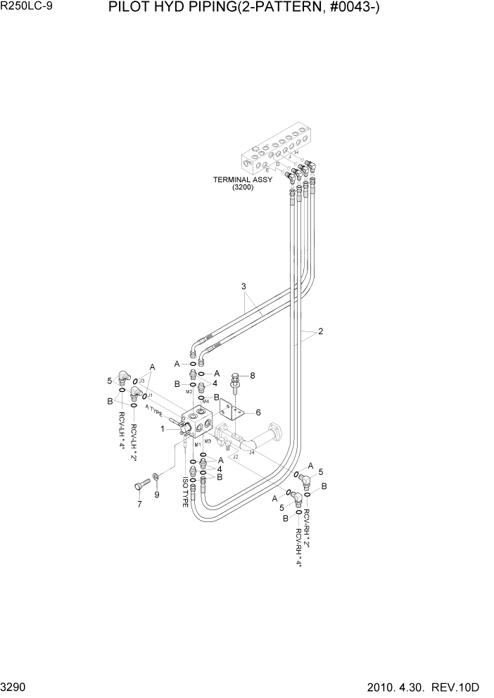 Схема запчастей Hyundai R250LC9 - PAGE 3290 PILOT HYD PIPING(2-PATTERN, #0043-) ГИДРАВЛИЧЕСКАЯ СИСТЕМА