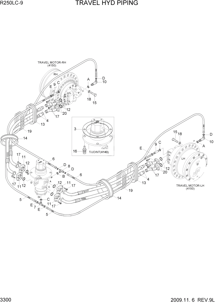 Схема запчастей Hyundai R250LC9 - PAGE 3300 TRAVEL HYD PIPING ГИДРАВЛИЧЕСКАЯ СИСТЕМА