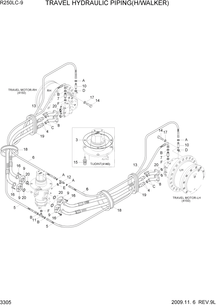 Схема запчастей Hyundai R250LC9 - PAGE 3305 TRAVEL HYD PIPING(HIGH WALKER) ГИДРАВЛИЧЕСКАЯ СИСТЕМА