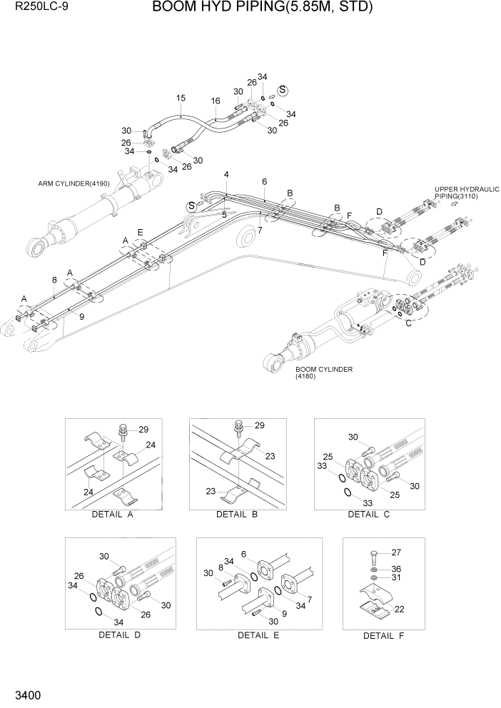 Схема запчастей Hyundai R250LC9 - PAGE 3400 BOOM HYD PIPING(5.85M, STD) ГИДРАВЛИЧЕСКАЯ СИСТЕМА