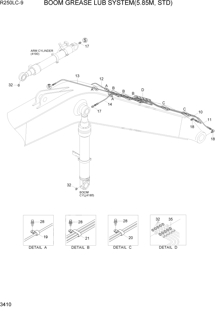 Схема запчастей Hyundai R250LC9 - PAGE 3410 BOOM GREASE LUB SYSTEM(5.85M, STD) ГИДРАВЛИЧЕСКАЯ СИСТЕМА