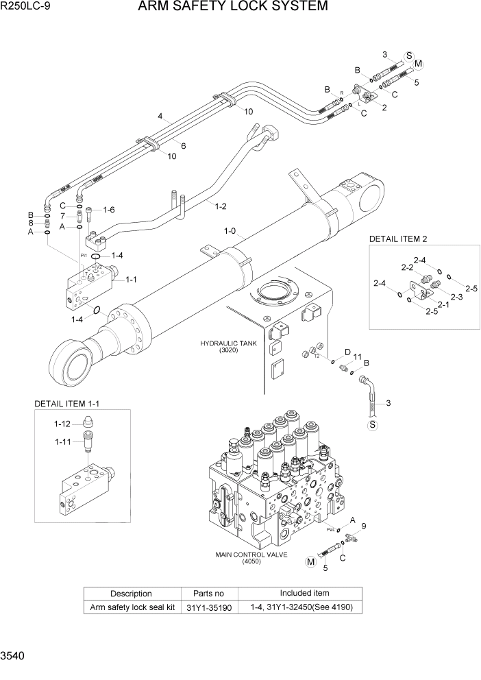 Схема запчастей Hyundai R250LC9 - PAGE 3540 ARM SAFETY LOCK SYSTEM ГИДРАВЛИЧЕСКАЯ СИСТЕМА