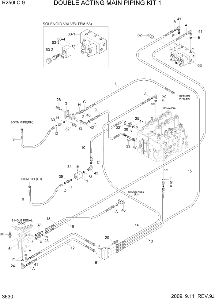 Схема запчастей Hyundai R250LC9 - PAGE 3630 DOUBLE ACTING MAIN PIPING KIT 1 ГИДРАВЛИЧЕСКАЯ СИСТЕМА