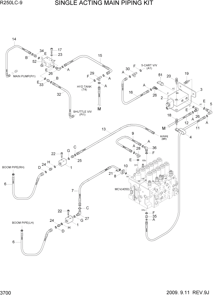 Схема запчастей Hyundai R250LC9 - PAGE 3700 SINGLE ACTING MAIN PIPING KIT ГИДРАВЛИЧЕСКАЯ СИСТЕМА