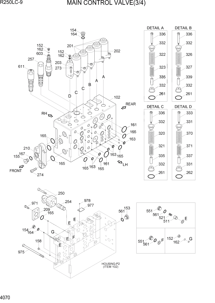 Схема запчастей Hyundai R250LC9 - PAGE 4070 MAIN CONTROL VALVE(3/4) ГИДРАВЛИЧЕСКИЕ КОМПОНЕНТЫ