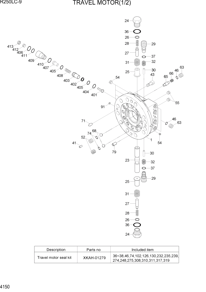 Схема запчастей Hyundai R250LC9 - PAGE 4150 TRAVEL MOTOR(1/2) ГИДРАВЛИЧЕСКИЕ КОМПОНЕНТЫ