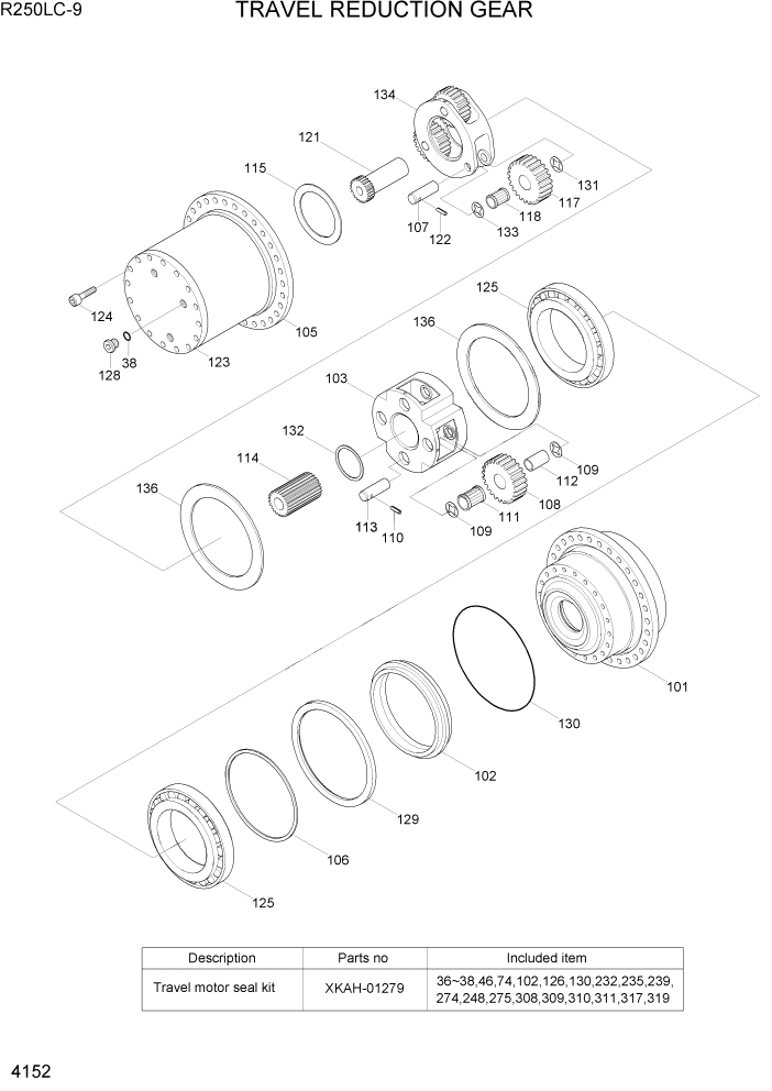 Схема запчастей Hyundai R250LC9 - PAGE 4152 TRAVEL REDUCTION GEAR ГИДРАВЛИЧЕСКИЕ КОМПОНЕНТЫ