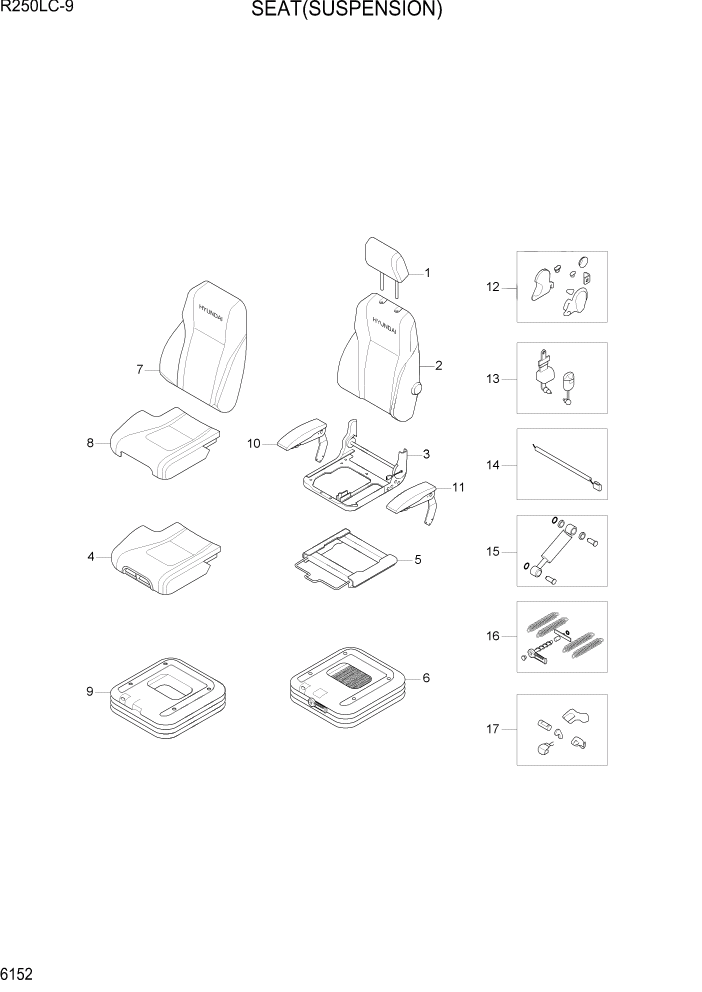 Схема запчастей Hyundai R250LC9 - PAGE 6152 SEAT(SUSPENSION) СТРУКТУРА