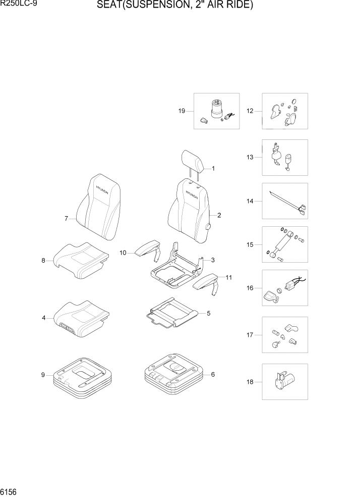 Схема запчастей Hyundai R250LC9 - PAGE 6156 SEAT(SUSPENSION, 2" AIR RIDE) СТРУКТУРА