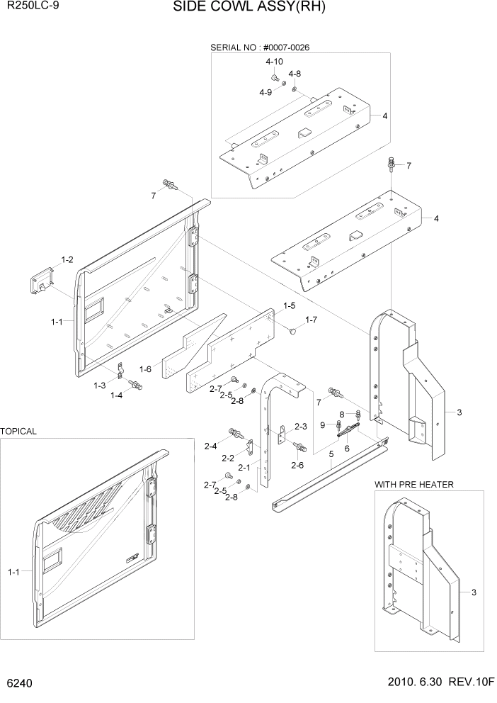 Схема запчастей Hyundai R250LC9 - PAGE 6240 SIDE COWL ASSY(RH) СТРУКТУРА