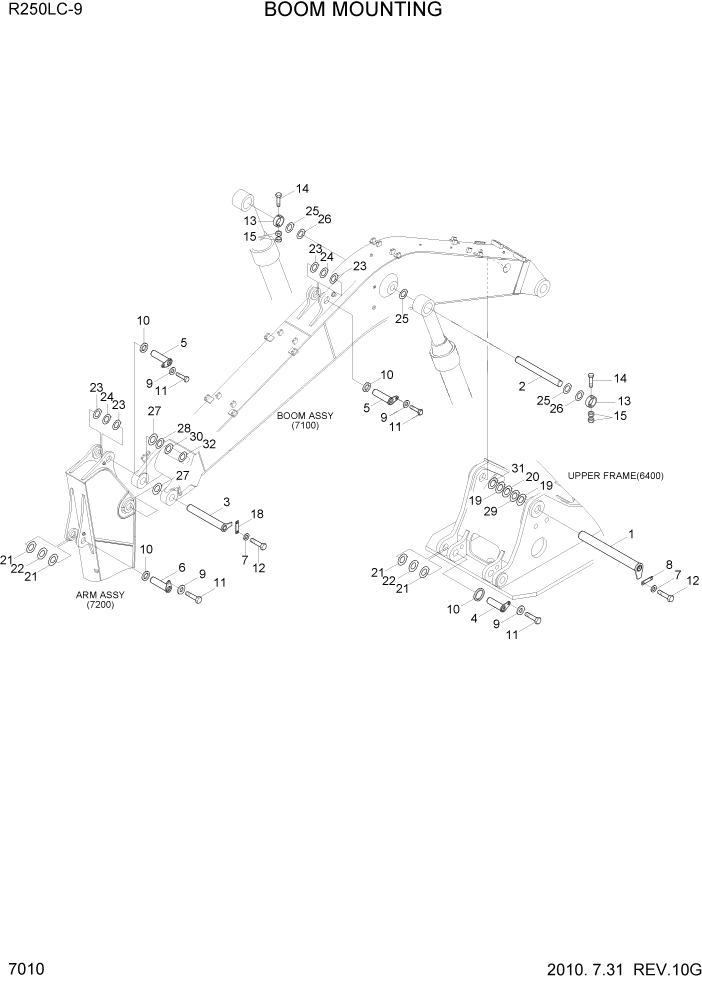 Схема запчастей Hyundai R250LC9 - PAGE 7010 BOOM MOUNTING РАБОЧЕЕ ОБОРУДОВАНИЕ