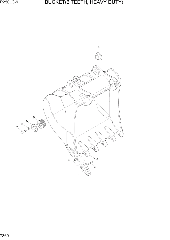 Схема запчастей Hyundai R250LC9 - PAGE 7360 BUCKET(6 TEETH, HEAVY DUTY) РАБОЧЕЕ ОБОРУДОВАНИЕ