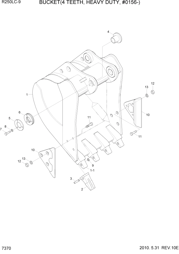 Схема запчастей Hyundai R250LC9 - PAGE 7370 BUCKET(4 TEETH, HEAVY DUTY, #0156-) РАБОЧЕЕ ОБОРУДОВАНИЕ