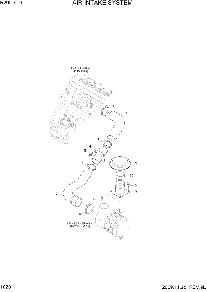 Схема запчастей Hyundai R290LC9 - PAGE 1020 AIR INTAKE SYSTEM СИСТЕМА ДВИГАТЕЛЯ