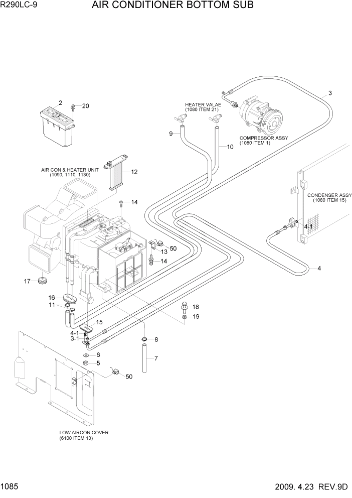 Схема запчастей Hyundai R290LC9 - PAGE 1085 AIR CONDITIONER BOTTOM SUB СИСТЕМА ДВИГАТЕЛЯ