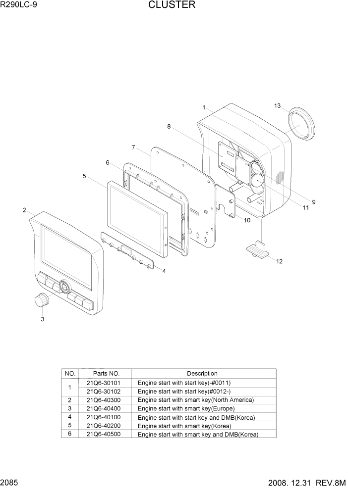 Схема запчастей Hyundai R290LC9 - PAGE 2085 CLUSTER ЭЛЕКТРИЧЕСКАЯ СИСТЕМА