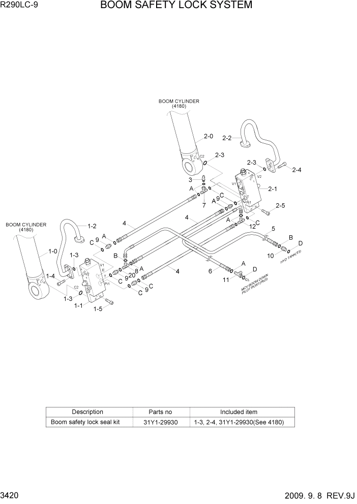 Схема запчастей Hyundai R290LC9 - PAGE 3420 BOOM SAFETY LOCK SYSTEM ГИДРАВЛИЧЕСКАЯ СИСТЕМА