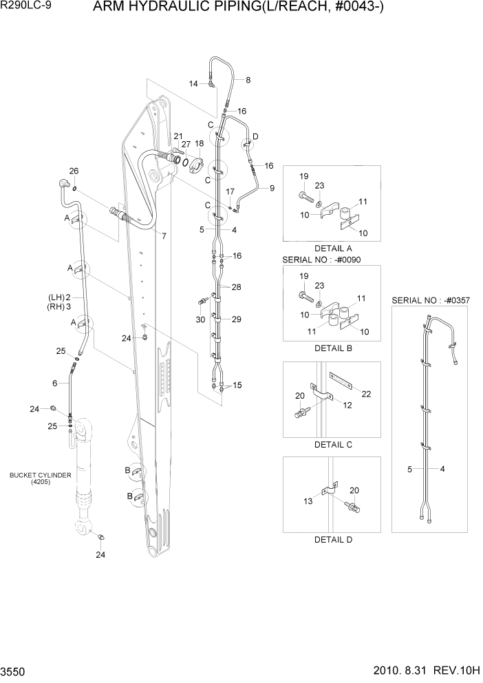 Схема запчастей Hyundai R290LC9 - PAGE 3550 ARM HYDRAULIC PIPING(L/REACH, #0043-) ГИДРАВЛИЧЕСКАЯ СИСТЕМА