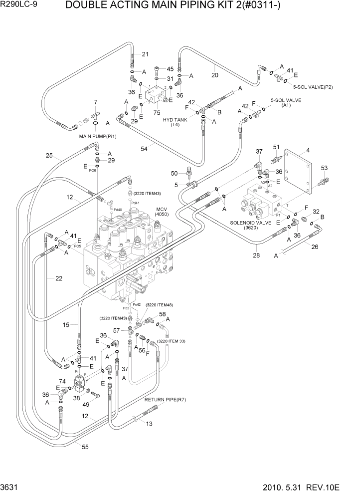 Схема запчастей Hyundai R290LC9 - PAGE 3631 DOUBLE ACTING MAIN PIPING KIT 2(#0311-) ГИДРАВЛИЧЕСКАЯ СИСТЕМА