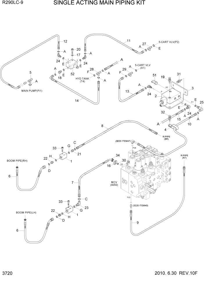 Схема запчастей Hyundai R290LC9 - PAGE 3720 SINGLE ACTING MAIN PIPING KIT ГИДРАВЛИЧЕСКАЯ СИСТЕМА