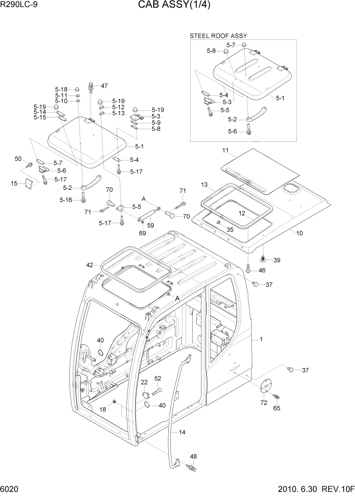 Схема запчастей Hyundai R290LC9 - PAGE 6020 CAB ASSY(1/4) СТРУКТУРА