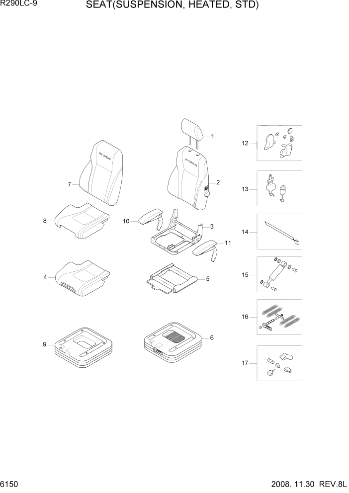 Схема запчастей Hyundai R290LC9 - PAGE 6150 SEAT(SUSPENSION, HEATED, STD) СТРУКТУРА