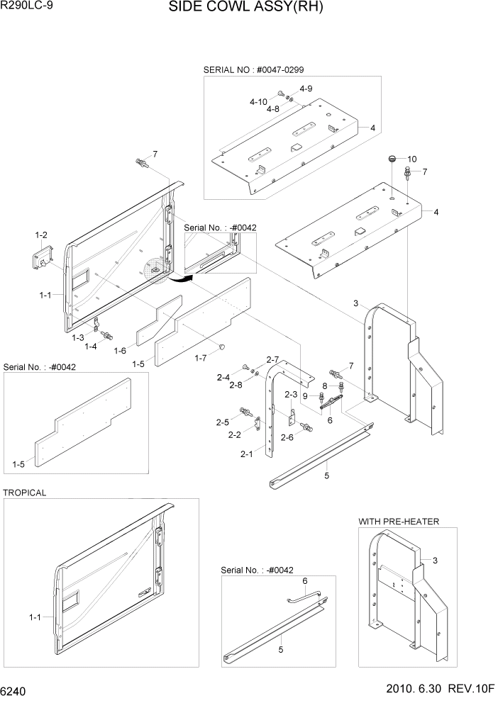 Схема запчастей Hyundai R290LC9 - PAGE 6240 SIDE COWL ASSY(RH) СТРУКТУРА