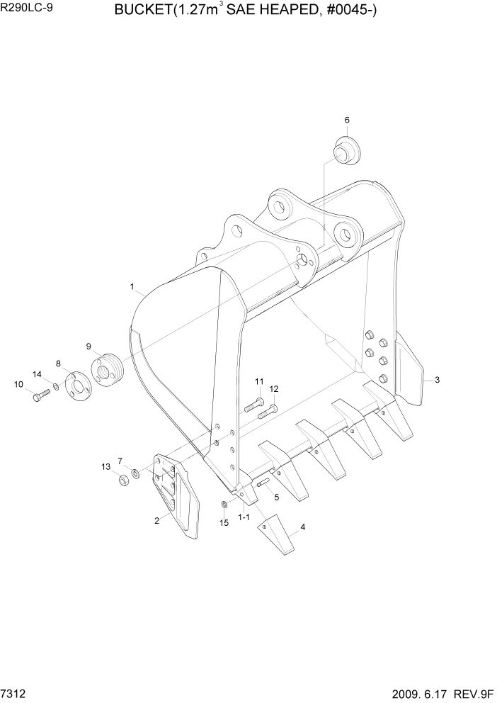 Схема запчастей Hyundai R290LC9 - PAGE 7312 BUCKET(1.27M3 SAE HEAPED, #0045-) РАБОЧЕЕ ОБОРУДОВАНИЕ