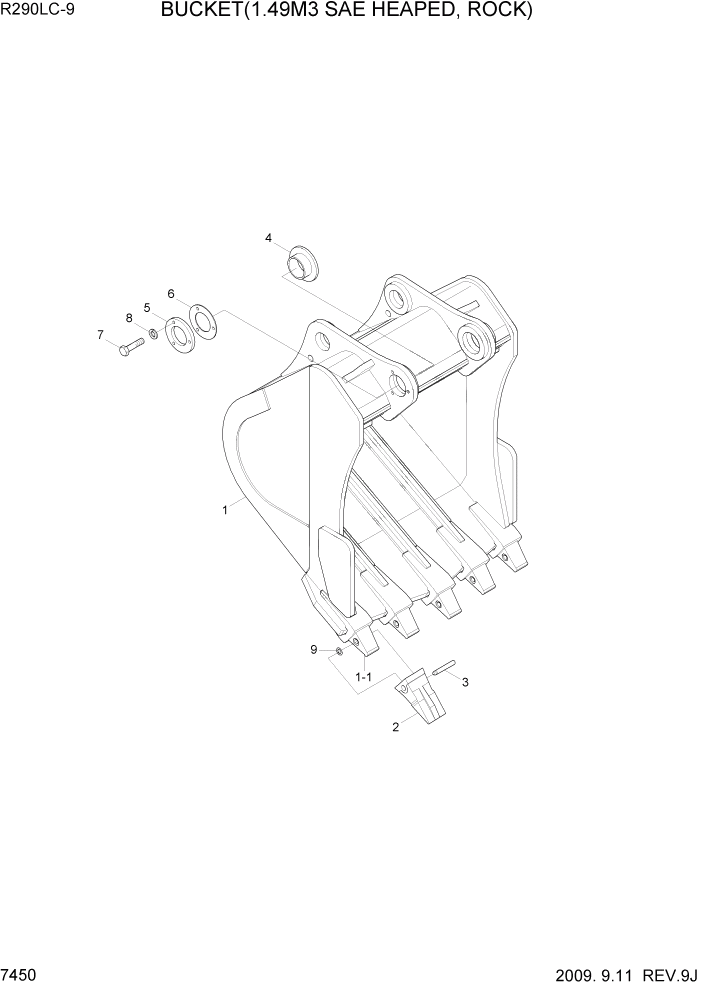 Схема запчастей Hyundai R290LC9 - PAGE 7450 BUCKET(1.49M3 SAE HEAPED, ROCK) РАБОЧЕЕ ОБОРУДОВАНИЕ