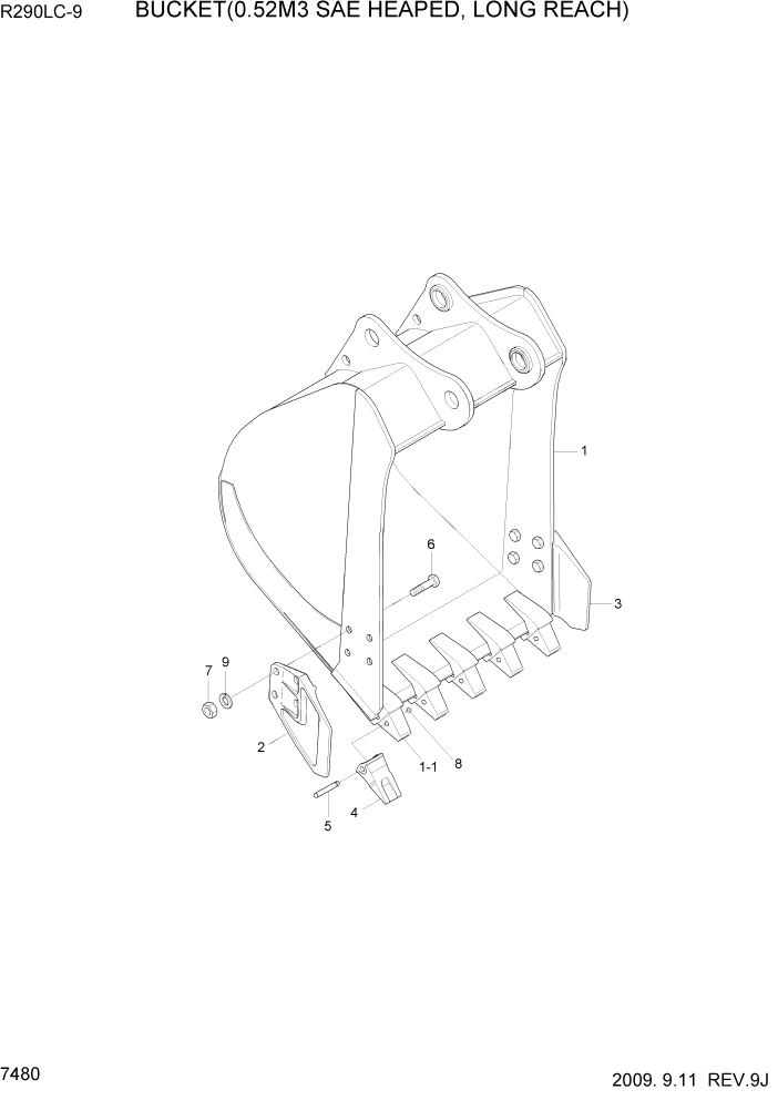 Схема запчастей Hyundai R290LC9 - PAGE 7480 BUCKET(0.52M3 SAE HEAPED, LONG REACH) РАБОЧЕЕ ОБОРУДОВАНИЕ