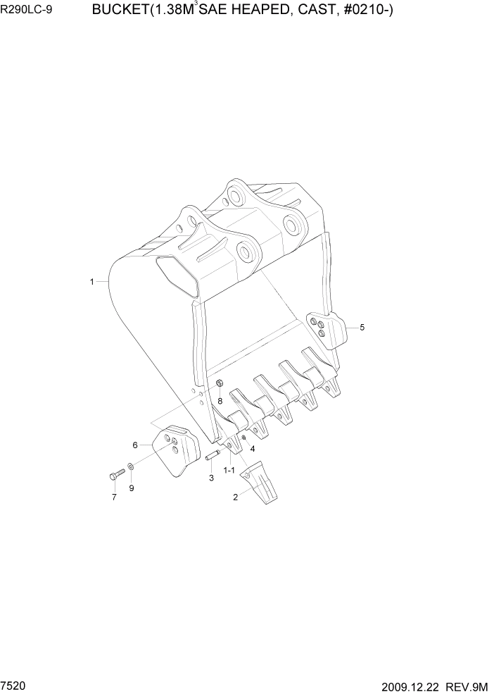 Схема запчастей Hyundai R290LC9 - PAGE 7520 BUCKET(1.27M3 SAE HEAPED, CAST, #0210-) РАБОЧЕЕ ОБОРУДОВАНИЕ